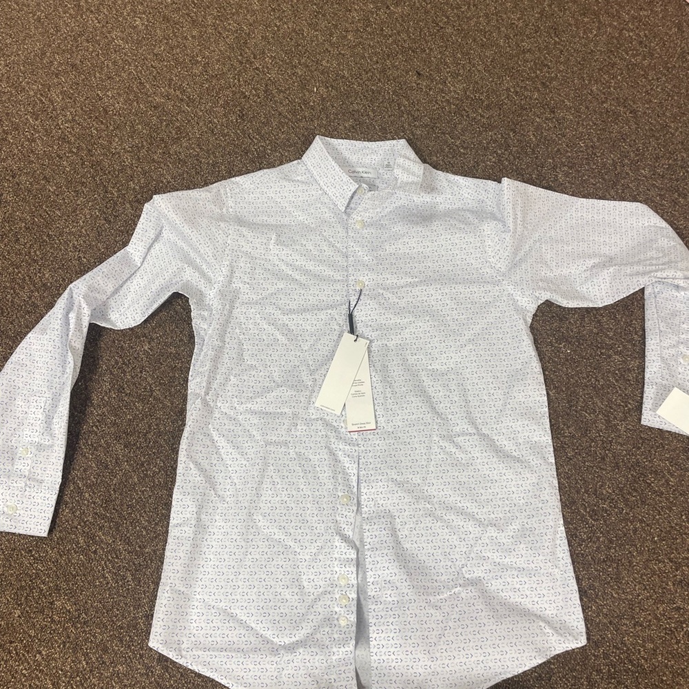 Calvin Klein Men's White Dress Shirt with Subtle Blue Micro-Pattern